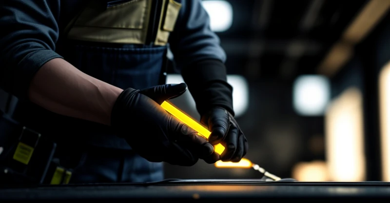 Teknisi menyambung kabel fiber optik di atas plafon ruko baru