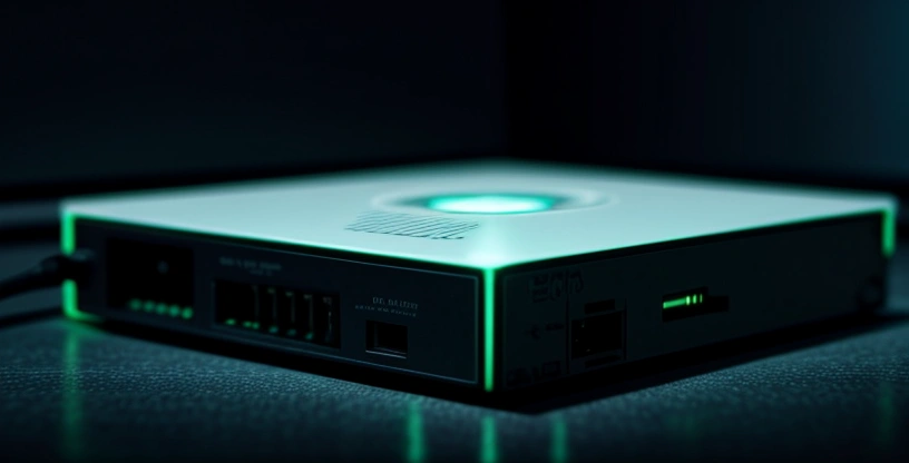 router mikrotik dengan dua lampu hijau terhubung ke kabel fiber optik dan modem 4g usb