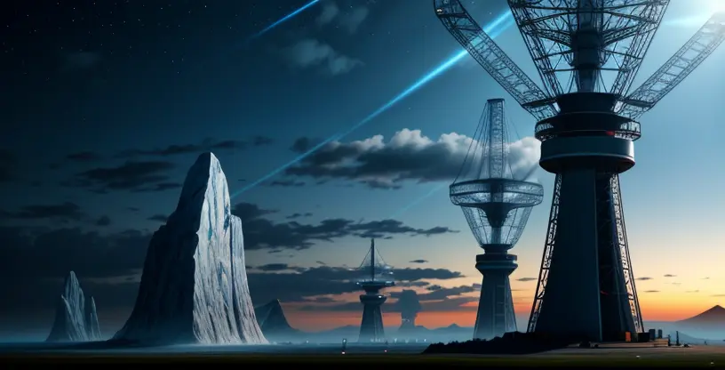 dua menara tower memancarkan gelombang sinyal nirkabel lurus point to point