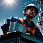 teknisi jaringan sedang memanjat tower menyeting antena radio dish putih bulat