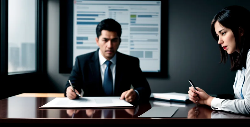 manajer it berdebat menunjuk dokumen kontrak sla dengan teknisi provider internet di ruang rapat