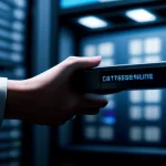 dua buah tangan melakukan jabat tangan kesepakatan bisnis di depan rak server bercahaya biru