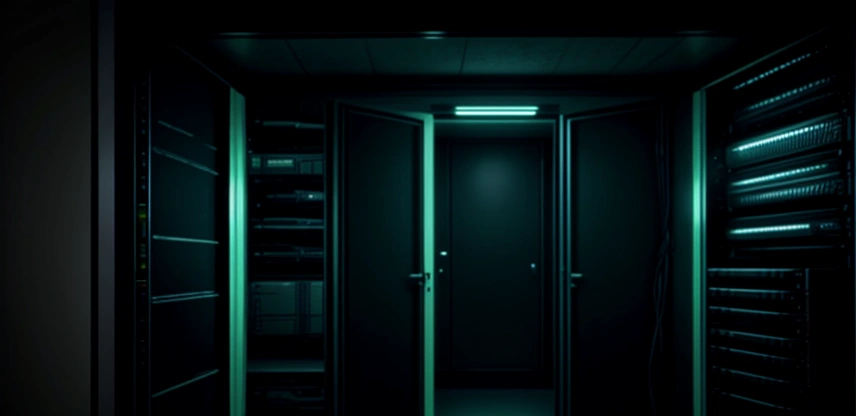 Rak server jaringan data center di ruang MDF perusahaan dengan switch core menyala terang