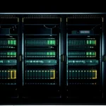 deretan mesin router mikrotik ccr rackmount dengan kabel kuning sfp+ fiber menyala di rak server pabrik