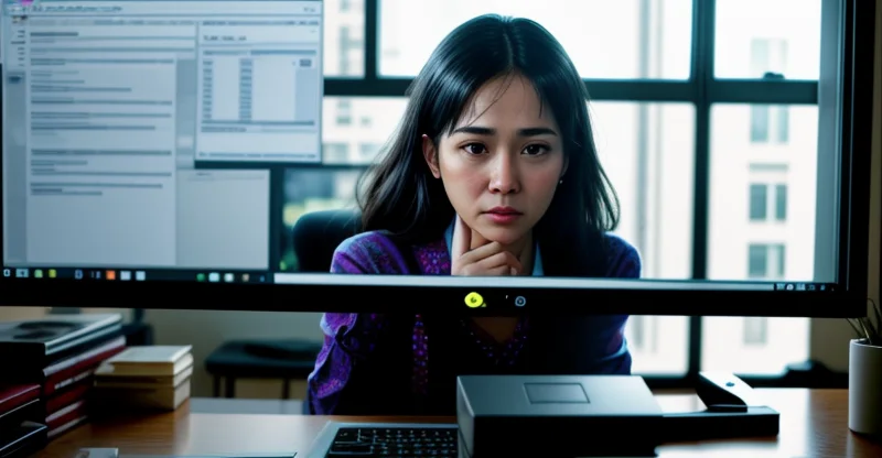 seorang profesional melakukan meeting online dengan layar laptop yang patah patah