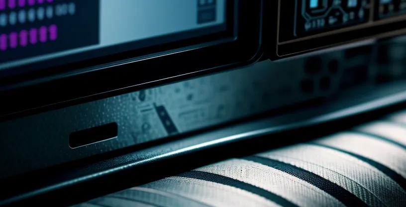 mesin jahit bordir komputerisasi di lantai produksi pabrik tekstil yang terhubung dengan layar monitor data