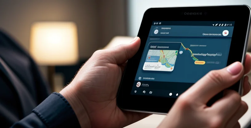 seorang pria memegang smartphone melihat review bintang 5 di google maps dengan latar belakang ruang kerja
