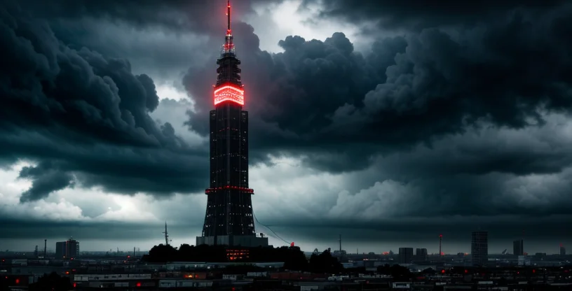 menara pemancar bts seluler diguyur hujan badai di kawasan perkotaan
