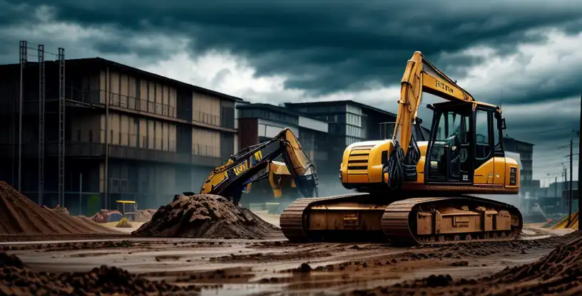 ekskavator proyek bekerja menggali tanah di pinggir jalan raya kawasan industri