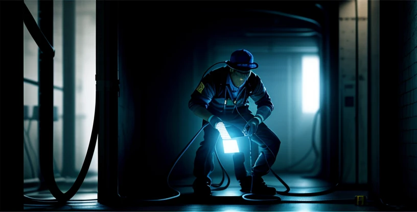 teknisi jaringan sedang menarik kabel lan cat6 warna biru melewati saluran pipa shaft bangunan vertikal