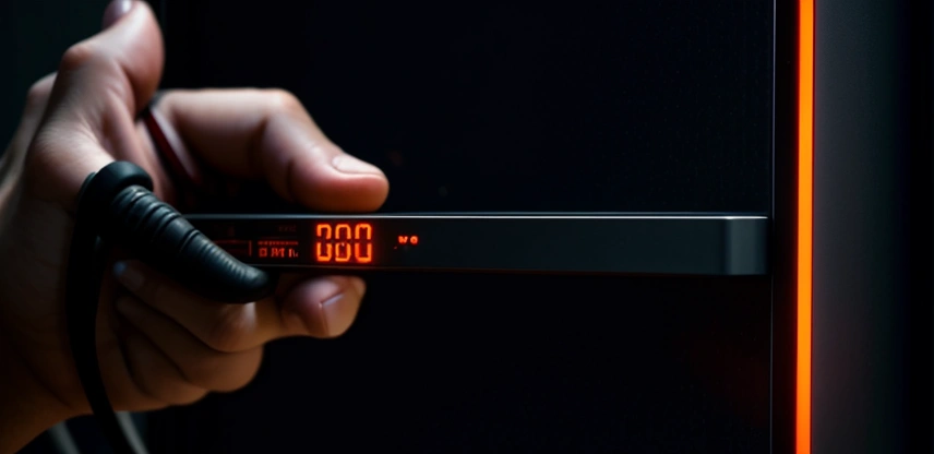 Teknisi IT menghitung beban volt ampere UPS menggunakan multimeter digital di ruang server kantor