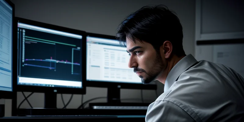 Teknisi jaringan terlihat stres melihat layar komputer yang menampilkan data packet loss