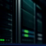 Server rak dengan kabel fiber optik terhubung ke router Mikrotik yang menampilkan lampu indikator hijau stabil