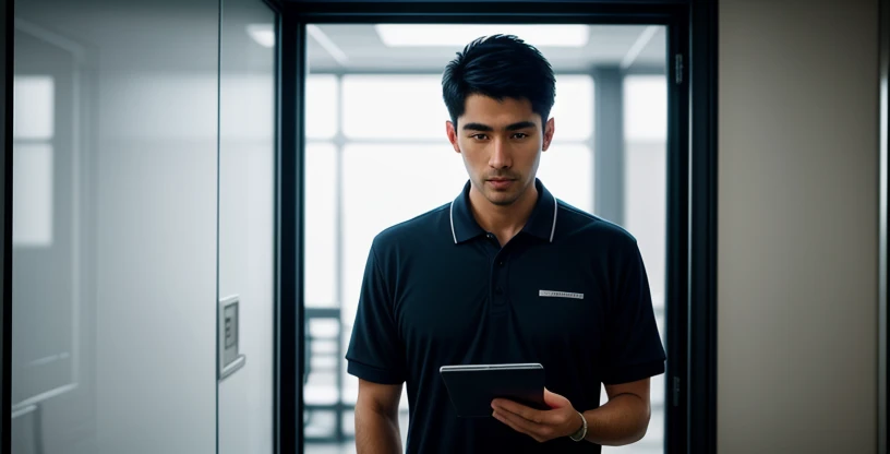 seorang insinyur jaringan memegang tablet mengukur kekuatan sinyal wifi di luar ruangan kaca kantor