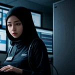 Insinyur jaringan menghubungkan kabel tester LAN jaringan ke mesin enterprise router gateway