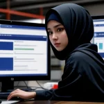 petugas mengecek sistem ceisa logistik di layar monitor komputer pabrik