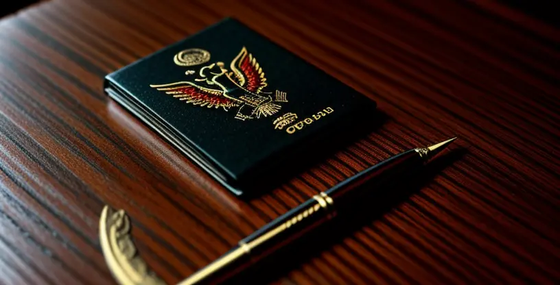 Lembaran dokumen izin penyelenggaraan telekomunikasi kominfo dengan stempel garuda merah di atas meja kayu