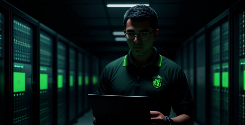 Insinyur jaringan melakukan konfigurasi bgp routing di depan rak server pemerintahan yang menyala biru