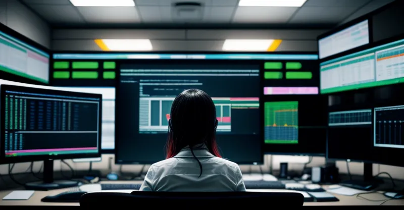seorang teknisi jaringan sedang duduk di depan komputer server melihat grafik data pelanggan di kantor provider