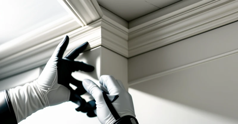 teknisi jaringan sedang merapikan kabel fiber optik ke dalam pipa pelindung pvc putih di sudut plafon rumah