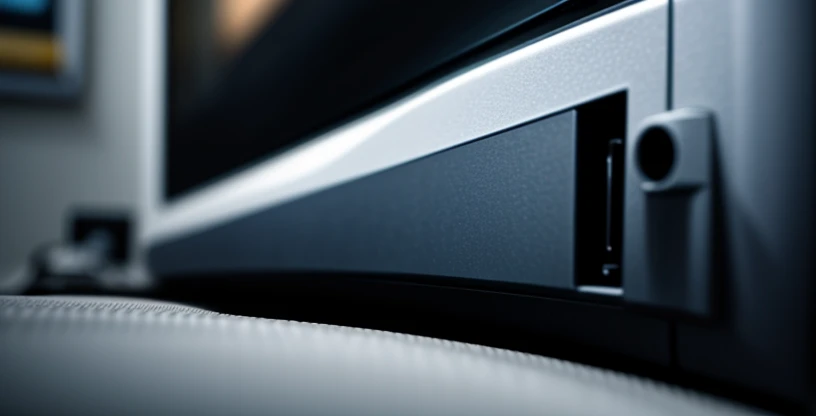 bagian belakang panel smart tv dengan kabel lan biru tebal terpasang kokoh