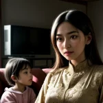 keluarga duduk di sofa menonton layar televisi dengan kualitas gambar super tajam