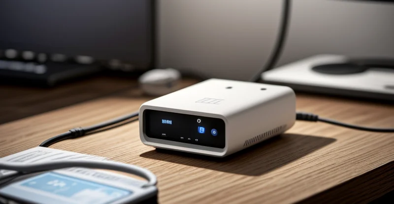 sebuah alat mini ups berwarna putih tersambung kabel power ke router wifi