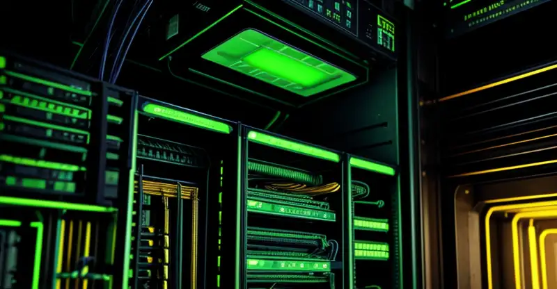 mesin server olt fiber optic di dalam rak server menyala dengan deretan kabel kuning