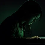 seseorang bekerja dengan laptop dalam gelap dengan pencahayaan layar dan lampu router