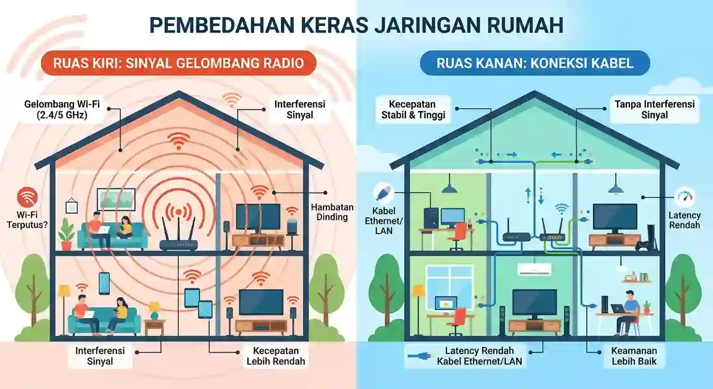 Perbandingan koneksi WiFi pemancar terhalang benda dengan rute kabel fisik murni Perbandingan koneksi WiFi pemancar terhalang benda dengan rute kabel fisik murni