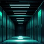 jajaran server rak canggih di data center dengan lampu indikator kabel fiber optik berwarna biru yang berkedip sangat cepat mendistribusikan paket data routing.