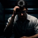 karyawan bagian IT perusahaan memegang kepala frustrasi di depan tumpukan server kantor.