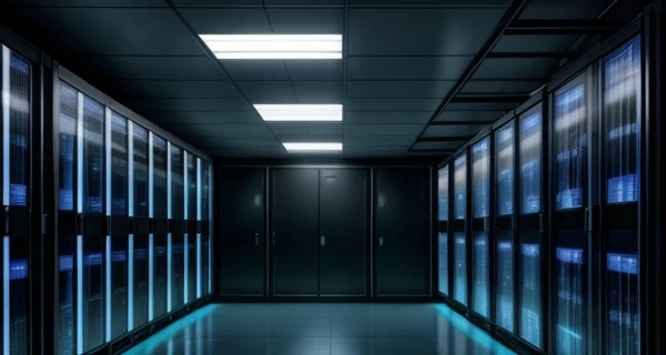 Deretan rak server colocation kokoh berwarna hitam di dalam lorong dingin pusat data tier 3 berisi ribuan kabel jaringan fiber optik biru yang tersusun sangat rapih