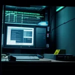 Insinyur IT lelah membongkar sasis rackmount server metal mengganti memori ram yang rusak di tengah ruang fasilitas pusat data