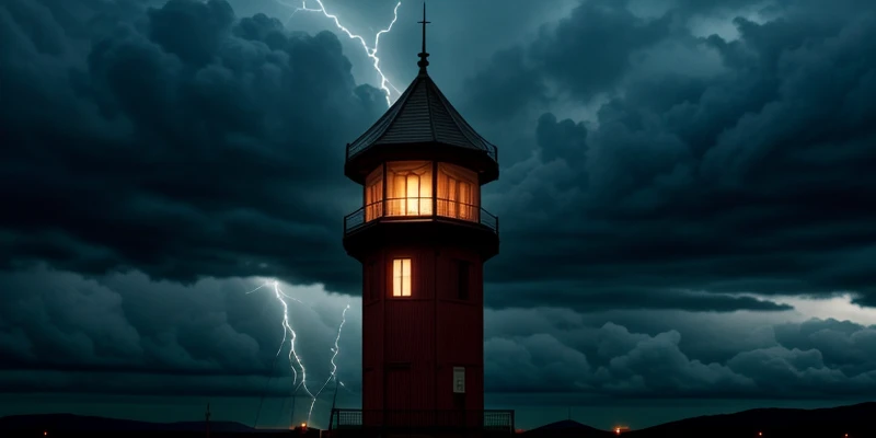 Ujung besi penangkal petir tembaga splitzen menempel di puncak tiang tower dengan langit mendung.