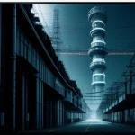 Blueprint skema topologi jaringan failover pabrik menunjukkan jalur kabel fiber optik dan jalur radio tower udara.