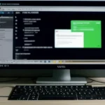 Penampakan posisi seunit gawai telepon pintar modern berwarna gelap tergeletak pasif memancarkan tampilan layar bersih steril tanpa infeksi sisipan berkas iklan komersial di atas permukaan kayu area meja operasional kantor profesional.