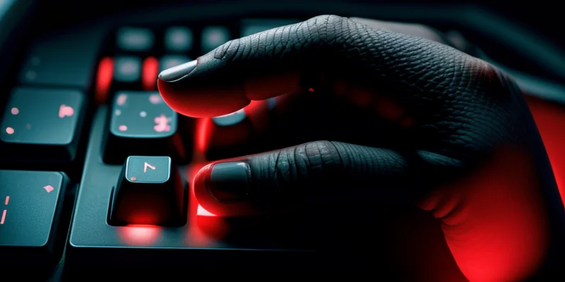 tangan seorang administrator jaringan sedang menekan tombol merah pada keyboard menyimbolkan pemblokiran