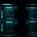 dua insinyur jaringan bekerja sama di ruang server gelap mengamati grafik lalu lintas jaringan di layar besar.