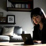 Seseorang sedang mengetik di laptop mengatur jaringan wifi di rumah malam hari