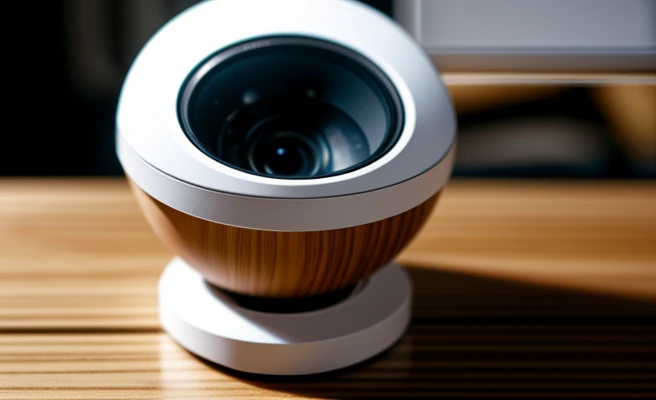 Tampilan jarak dekat setup meja menampilkan modem nirkabel Telkomsel Orbit diletakkan tepat bersebelahan sinkron dengan sebuah unit IP camera CCTV pintar kelas V380 dengan indikator LED daya aktif menyala biru menyala fokus murni pendaran