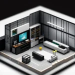 Diagram rancang bangun skema arsitektur topologi infrastruktur jaringan nirkabel sederhana memaparkan sebuah rute pancaran sinyal dari router inti merambat berat memaksakan diri tembus melewati halangan susunan blok struktur batu bata merah mati untuk mendarat menyuapi sebuah kamera satelit penerima luar ruangan