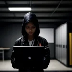 Seseorang berpakaian teknisi sedang mengkonfigurasi switch hub dan router di ruang server