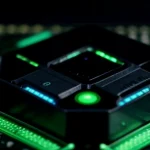 Ilustrasi chip semikonduktor di dalam motherboard router memproses data jaringan