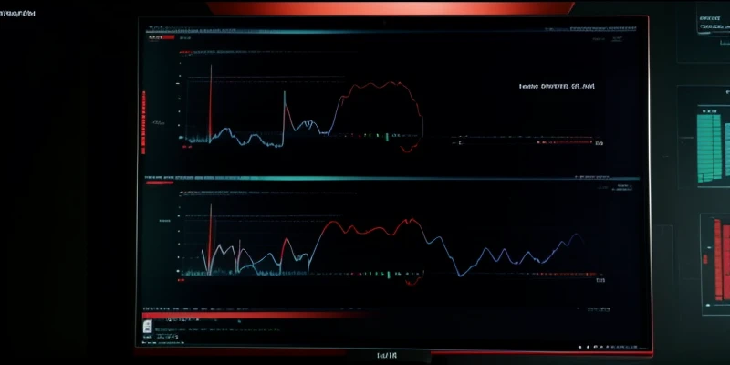 Layar monitor komputer menampilkan grafik indikator uptime hijau dan downtime merah untuk memantau performa jaringan server.