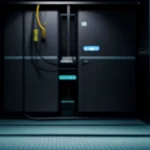Rak server rapi dengan tatanan kabel LAN tebal dan rute manajemen kabel fiber optik