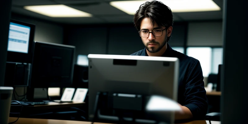seorang staf IT terlihat frustrasi di depan layar monitor yang menampilkan loading website tanpa ujung.