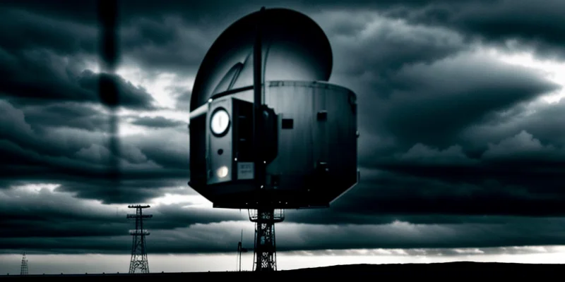 Antena radio microwave bulat putih terpasang kokoh di atas menara komunikasi melawan badai awan mendung.