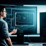 Teknisi jaringan sedang menunjuk skema load balancing otomatis antara fiber optik dan radio pada layar monitor.