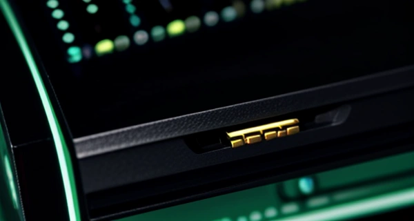 Tampilan jarak dekat modul transceiver SFP BiDi dengan kait pengunci warna biru dan kuning terpasang pada port switch